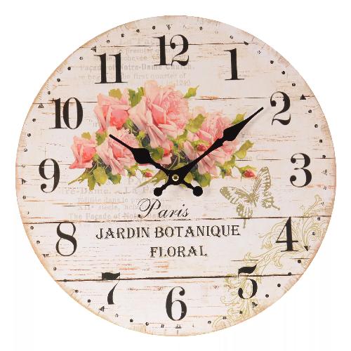 WOODEN WALL CLOCK W/ROSES D34X4